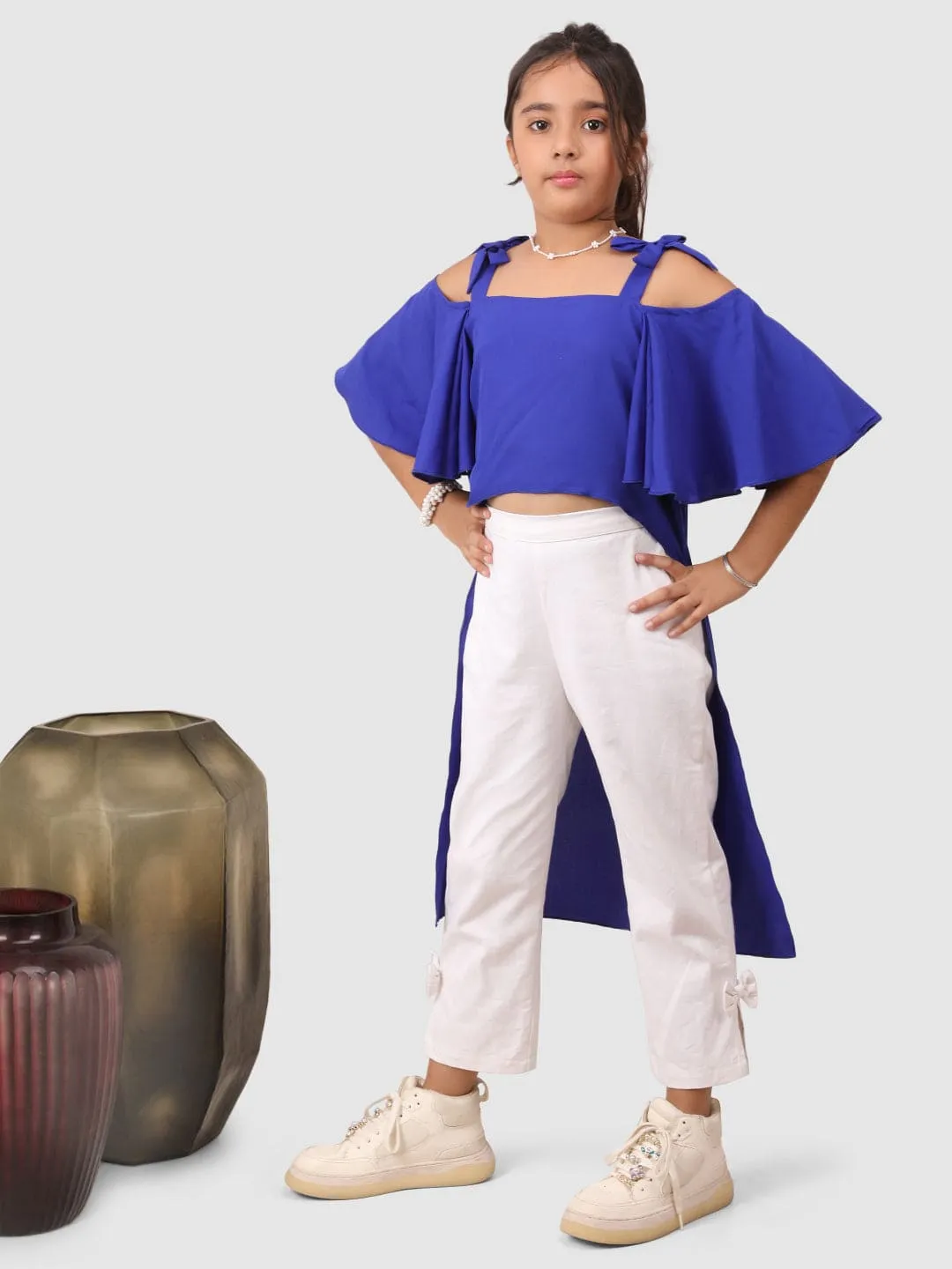 Asymmetric  flared  top sleeve with pant Royal Blue and White