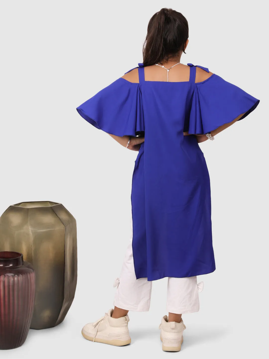 Asymmetric  flared  top sleeve with pant Royal Blue and White