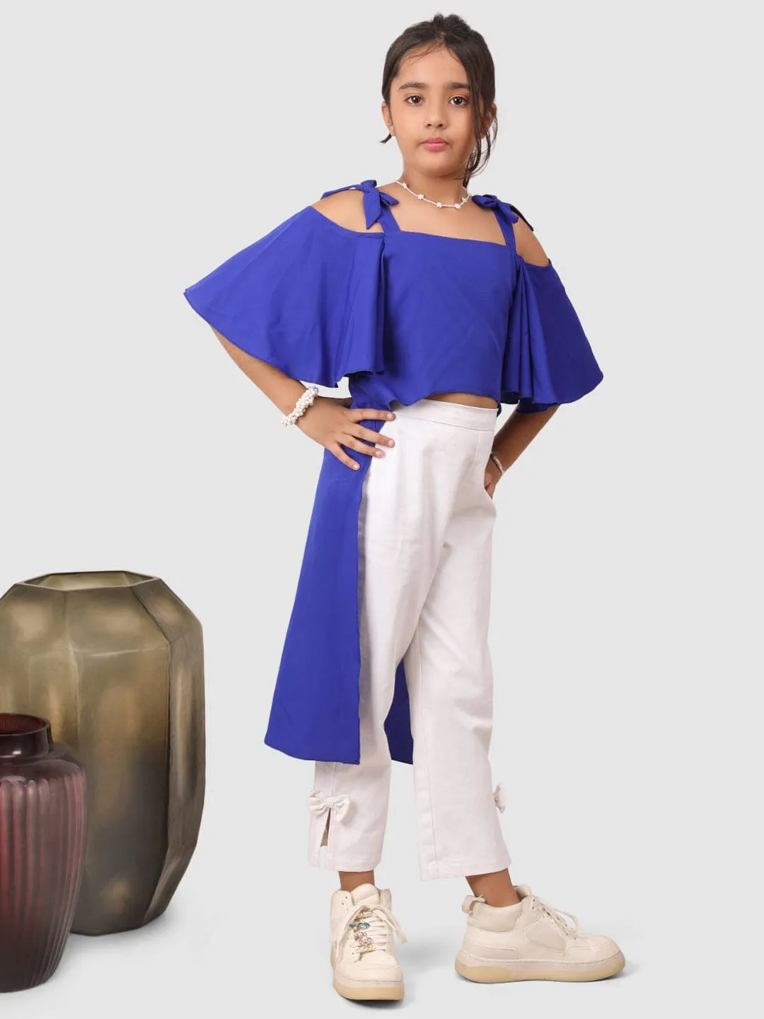 Asymmetric  flared  top sleeve with pant Royal Blue and White