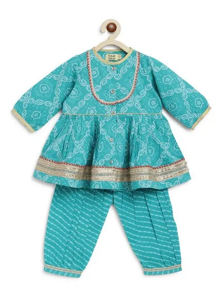 Baby Girl Bandhani Print Cotton Angrakha Set - Blue