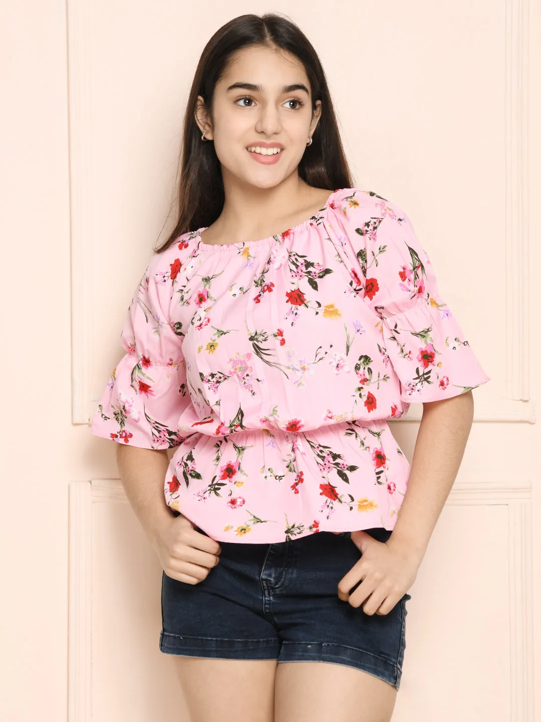 Baby Pink Floral Bardot Top