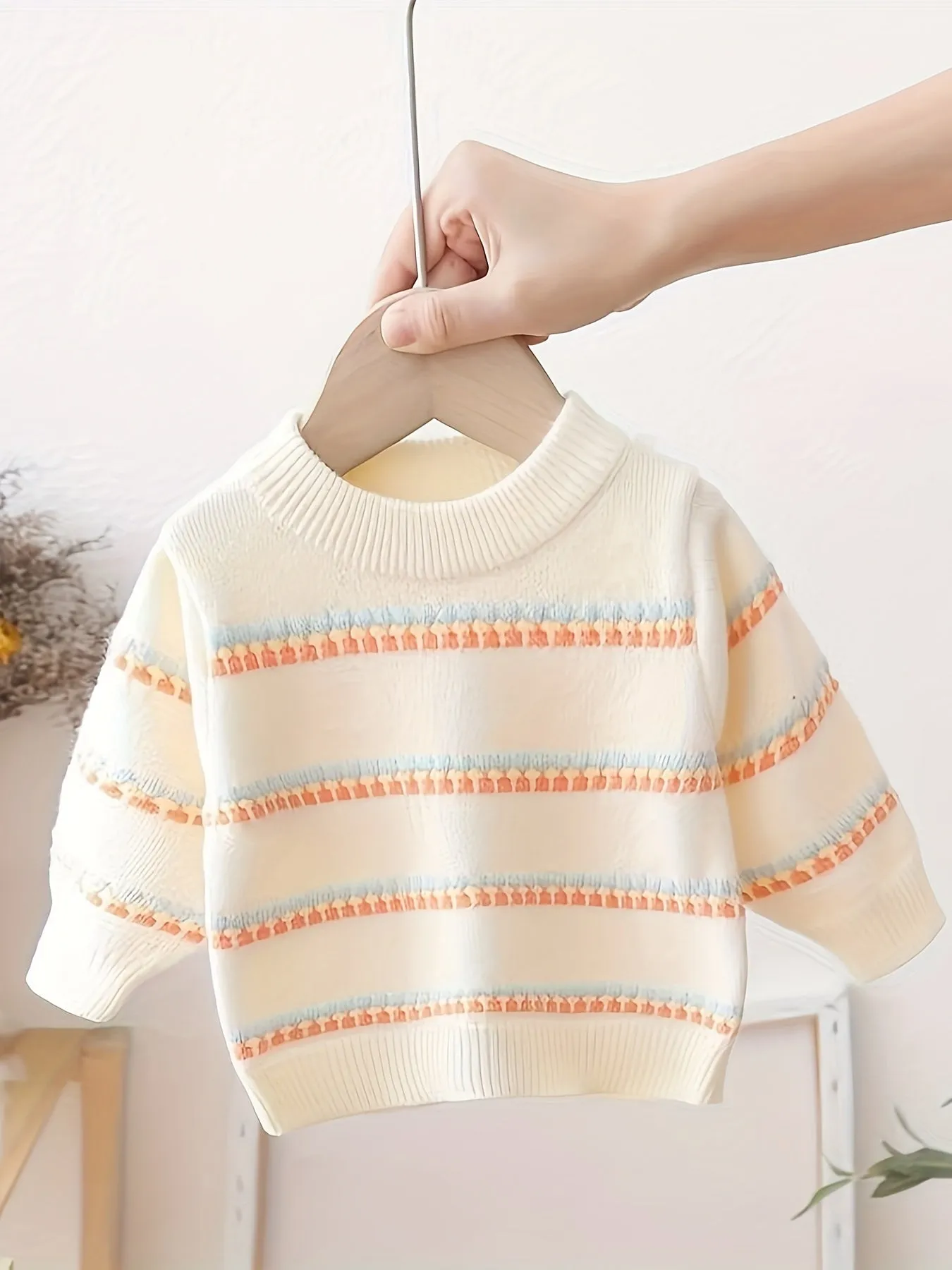 Baby's Colorful Stripe Pattern Sweater, Casual Cable Knit Long Sleeve Top, Infant & Toddler Girl's Clothing For Fall Winter