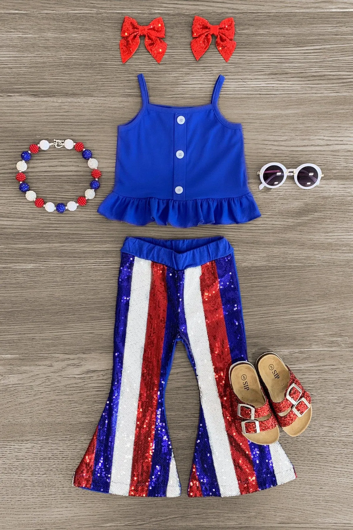 Blue Striped Sequin Bell Bottom Set