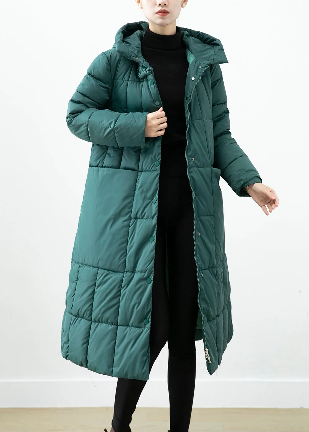 Boutique Blackish Green Hooded Pockets Fine Cotton Filled Winter Coats ML2510