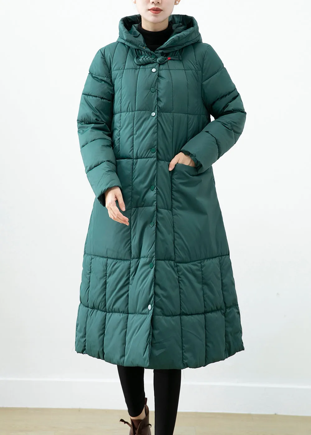 Boutique Blackish Green Hooded Pockets Fine Cotton Filled Winter Coats ML2510