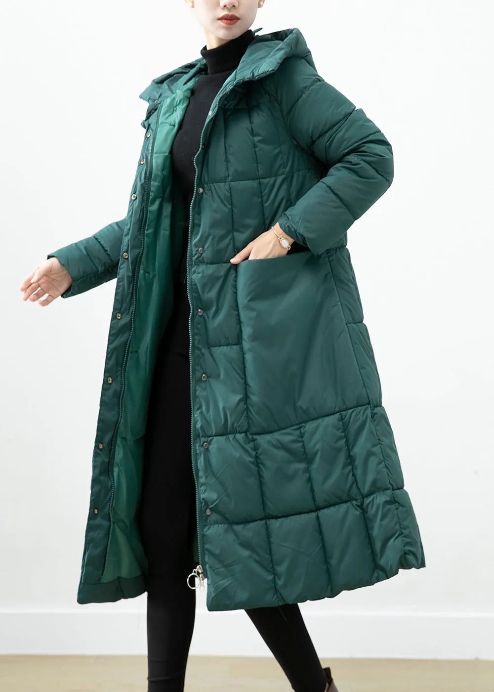 Boutique Blackish Green Hooded Pockets Fine Cotton Filled Winter Coats ML2510