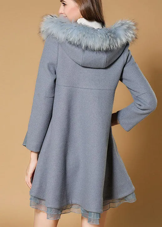 Boutique Blue zippered Bow Fur collar Fall Woolen parka