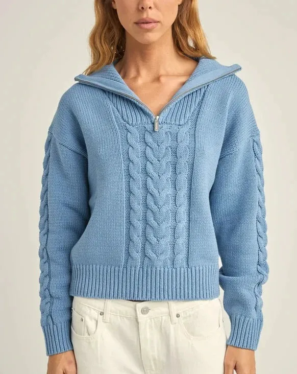 Cabelled Vintage Zip Knit in Dusty Blue