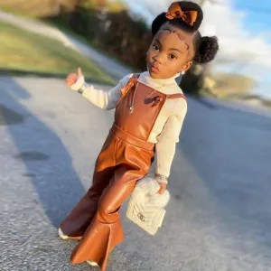 Children's Wear New Ins Style Children's Wear Girls' Suspenders Imitation Leather Pants Bow Bell Bottoms