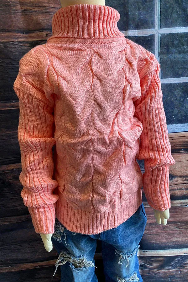 DLH2537 Pink long sleeve knitted girls sweater w/turtleneck