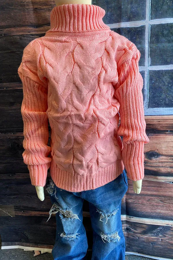 DLH2537 Pink long sleeve knitted girls sweater w/turtleneck