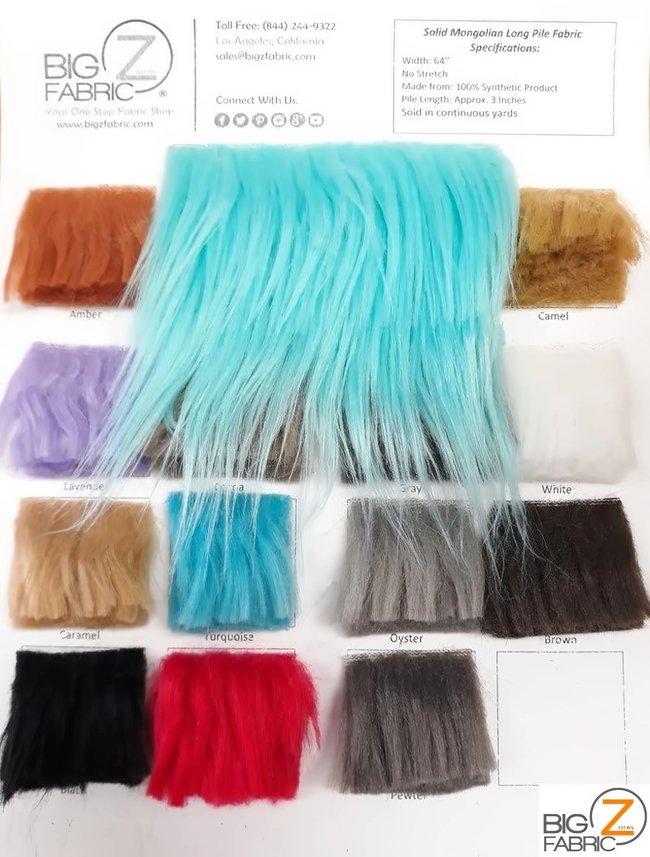 Faux Fake Fur Solid Mongolian Long Pile Fabric - Big Z Color Card