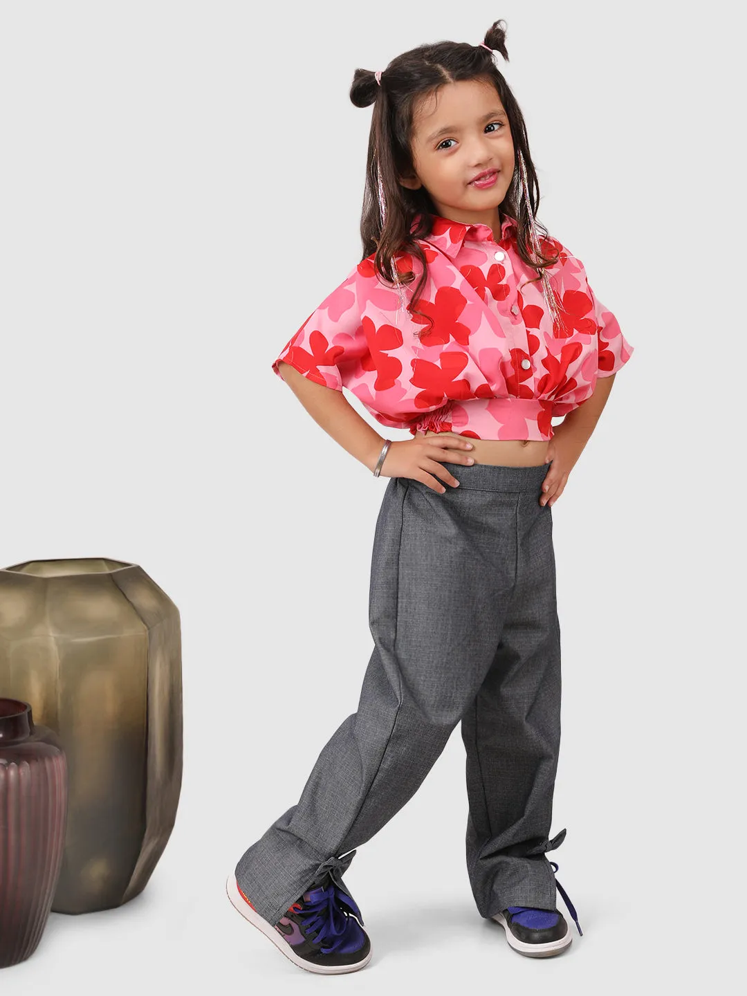 Flower Print Balloon top with pant Pink  and Grey