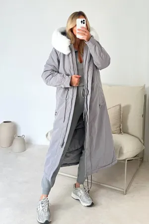 Freya grey hooded faux fur duvet coat