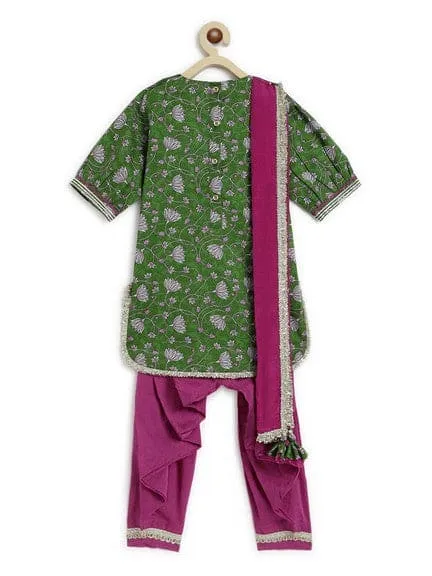 Girl Floral Jaal  Suit Set - Green