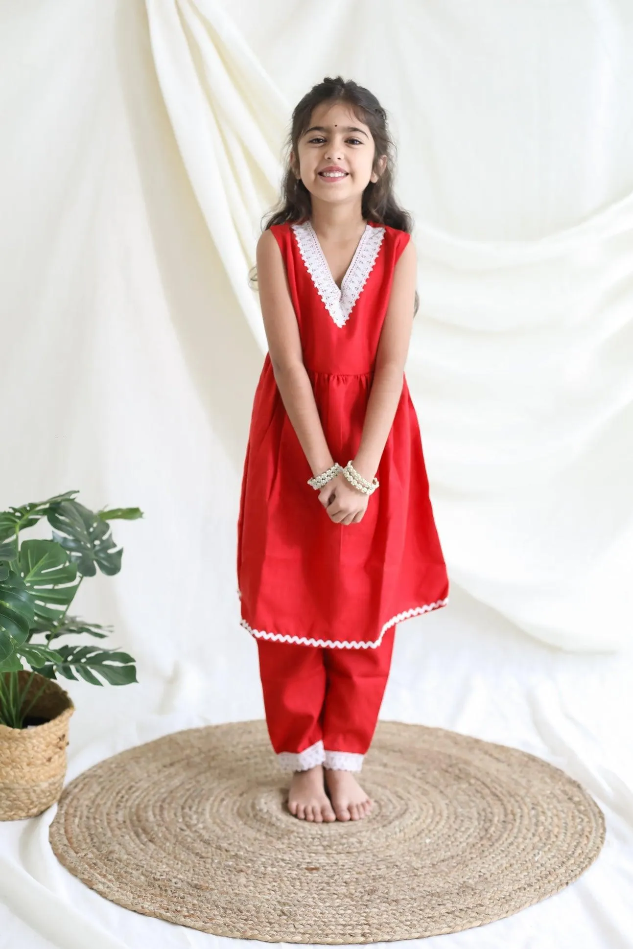 Girl Kurta and Pant Set - Solid Red with Lace