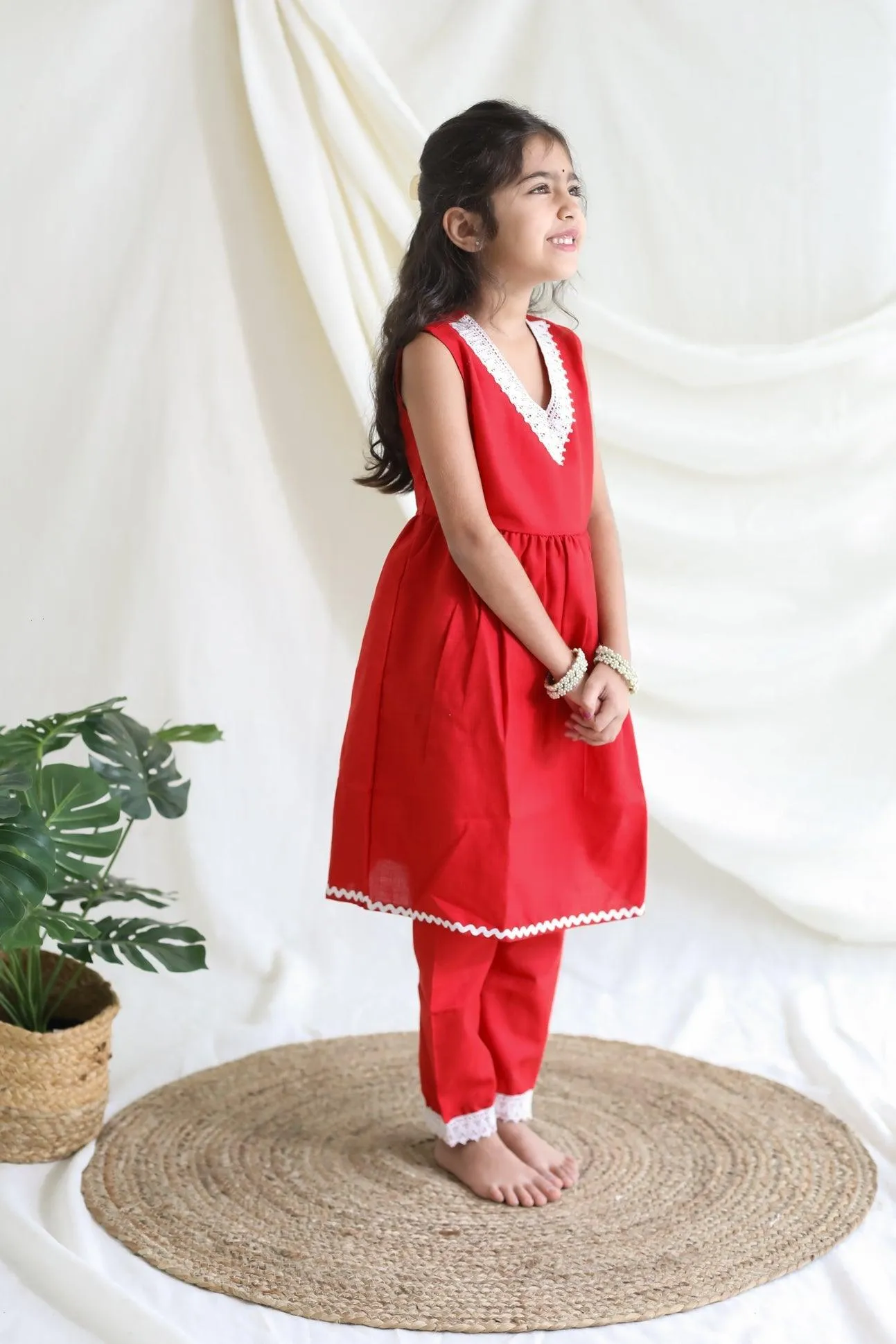 Girl Kurta and Pant Set - Solid Red with Lace