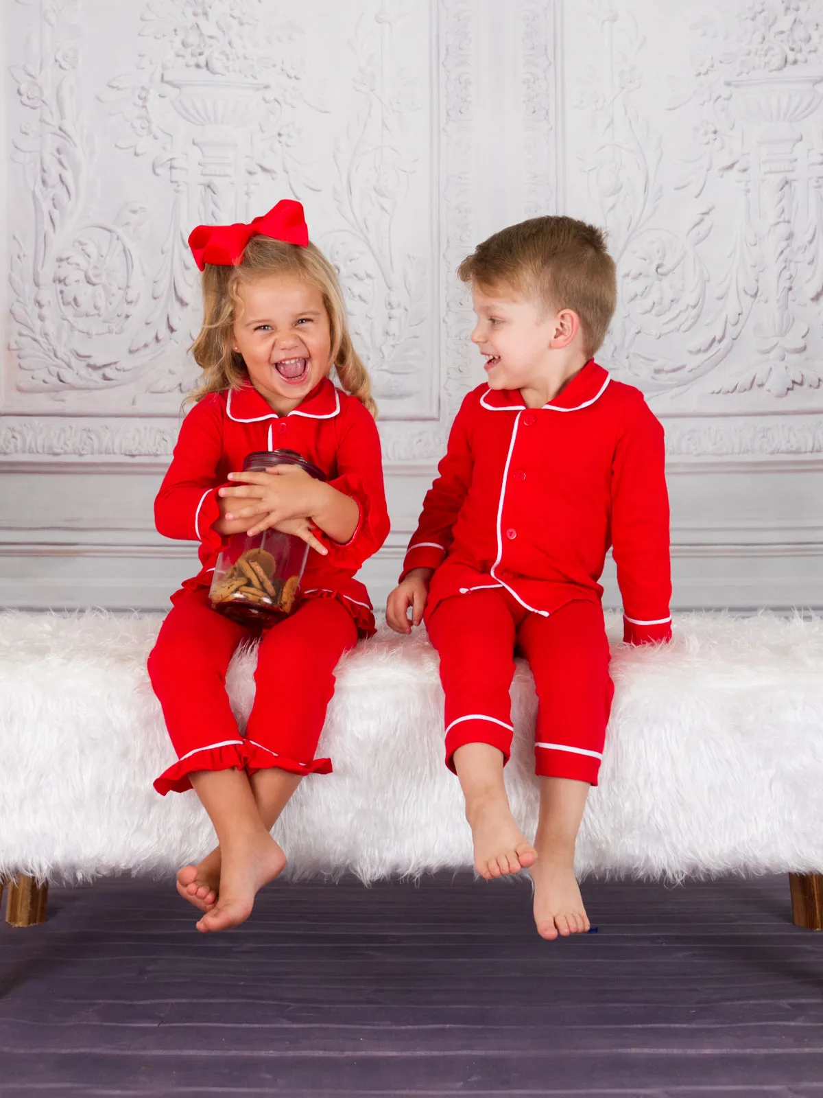 Girls And Boys Red Button Down Collared Classic Christmas Pajama Set