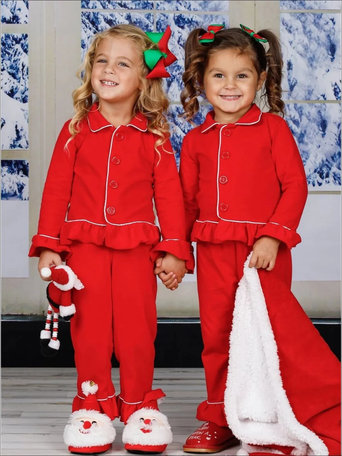 Girls And Boys Red Button Down Collared Classic Christmas Pajama Set