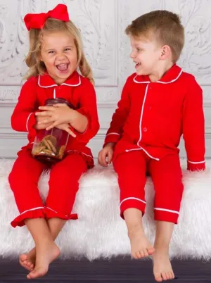 Girls And Boys Red Button Down Collared Classic Christmas Pajama Set