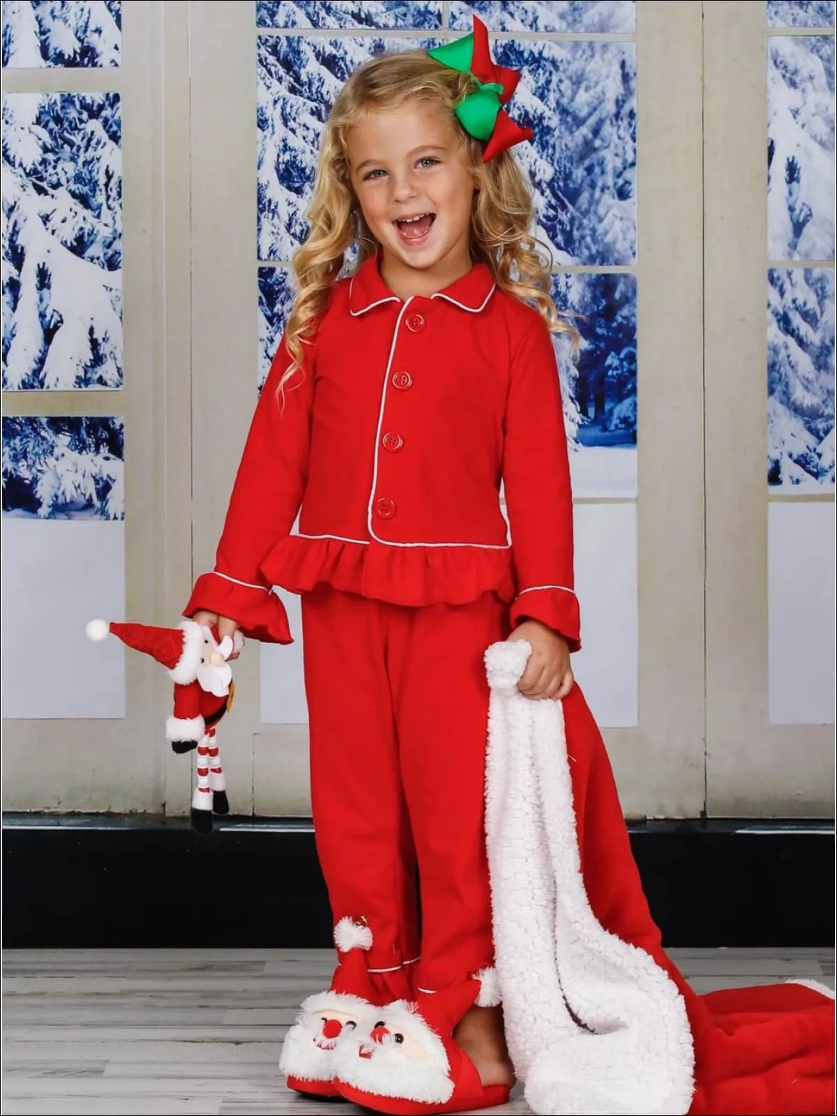 Girls And Boys Red Button Down Collared Classic Christmas Pajama Set