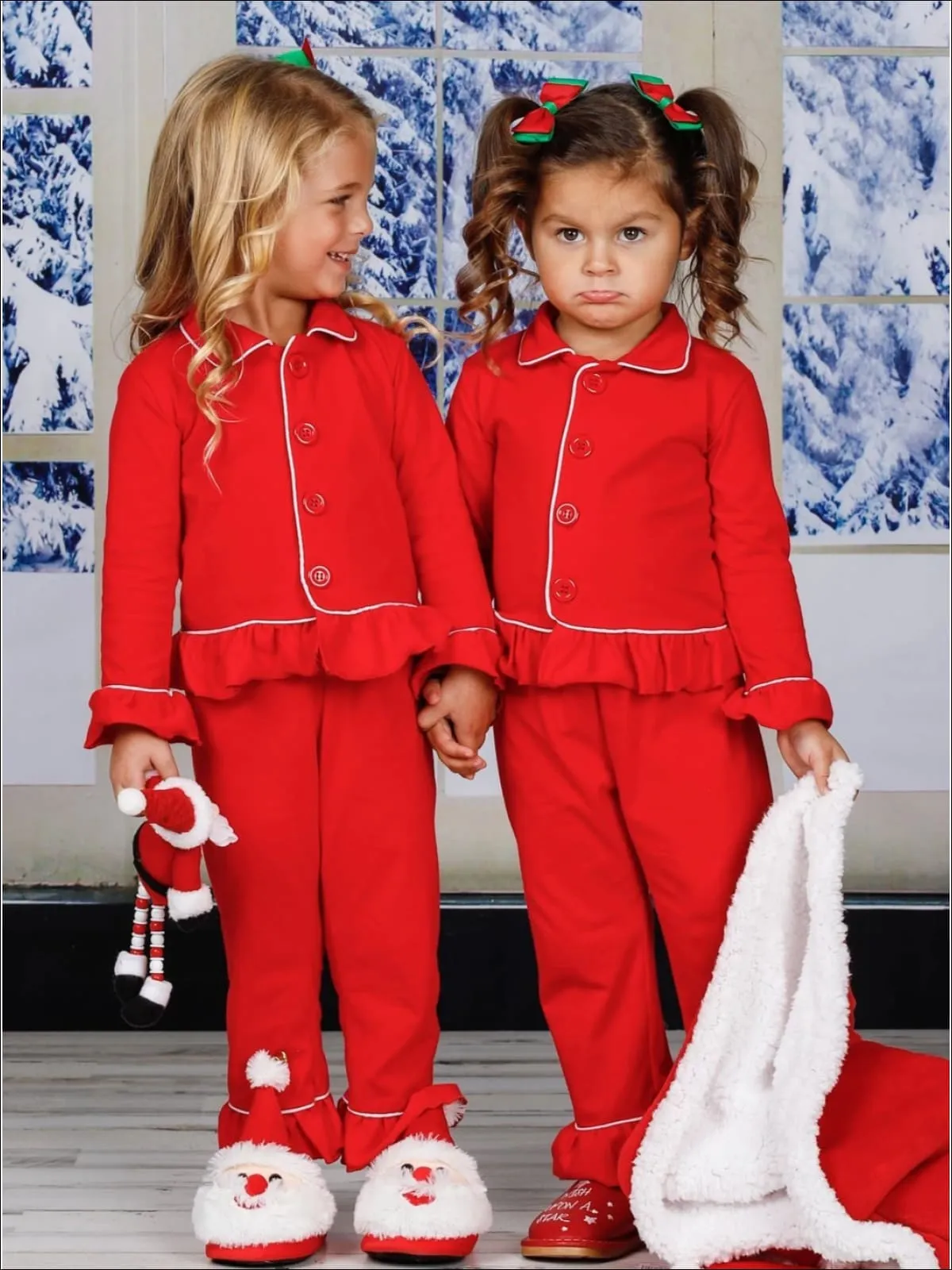 Girls And Boys Red Button Down Collared Classic Christmas Pajama Set