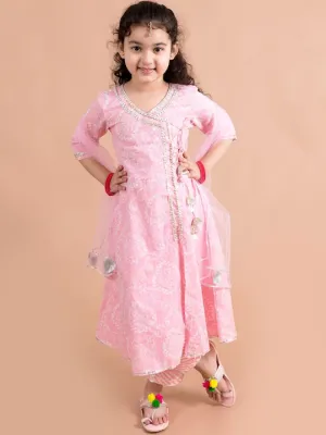 Girls Bandhani Printed Angrakha Pure Cotton Kurta With Trousers Dupatta - Ps Peaches