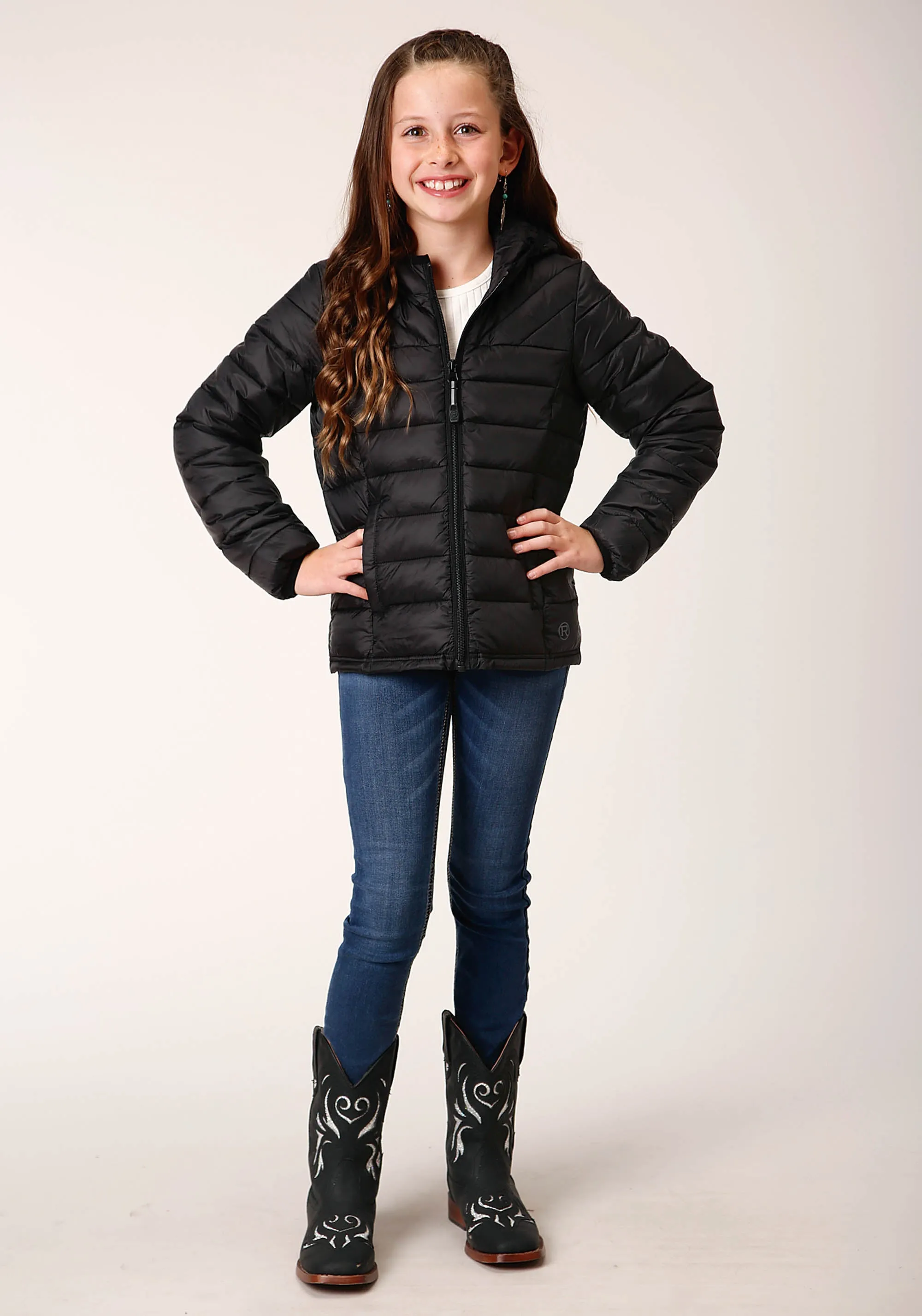 GIRLS  BLACK NYLON PARACHUTE DOWN JACKET