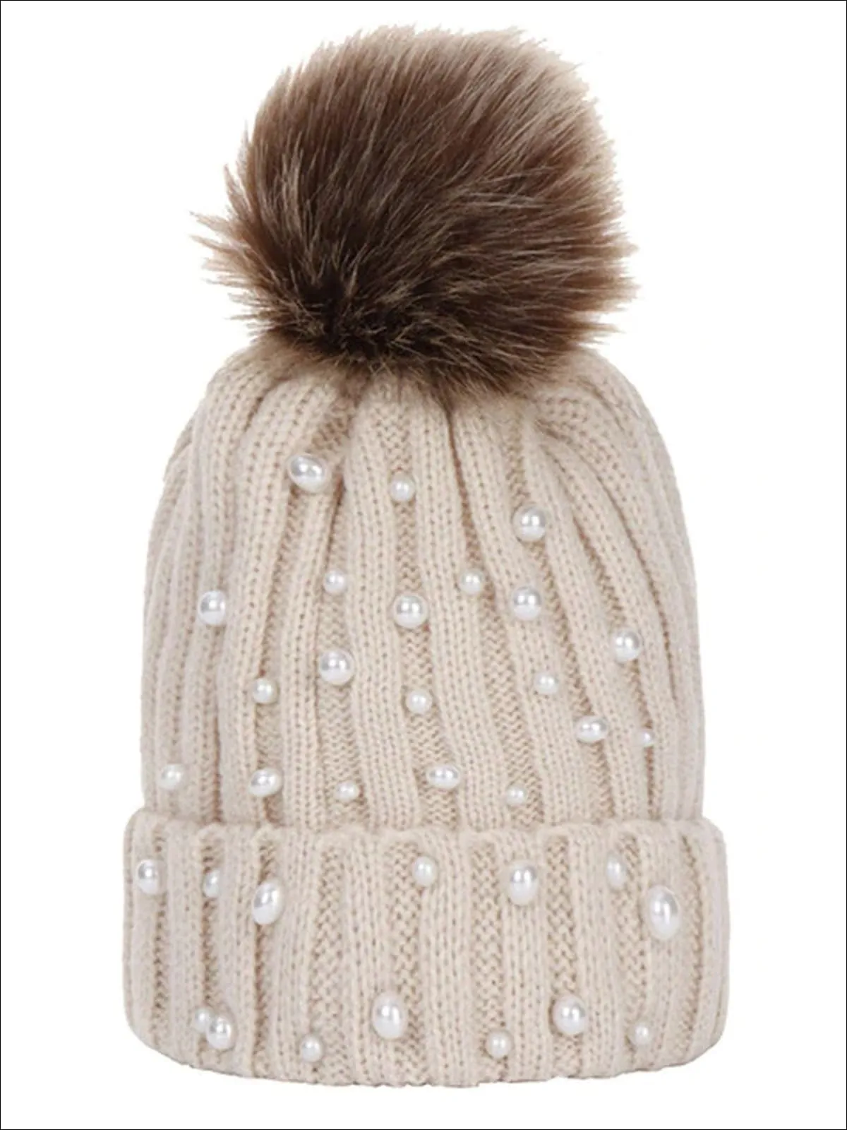 Girls Cable Knit Pearl Embellished Winter Beanie