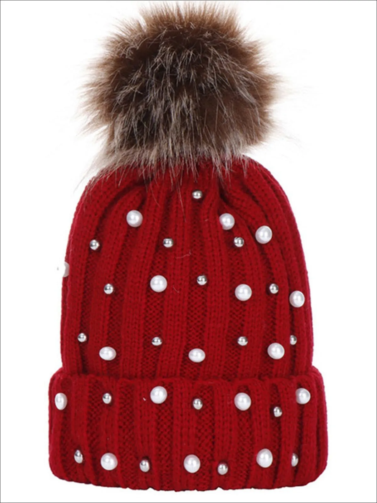 Girls Cable Knit Pearl Embellished Winter Beanie