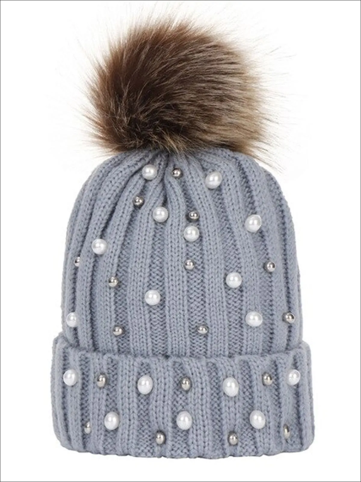 Girls Cable Knit Pearl Embellished Winter Beanie