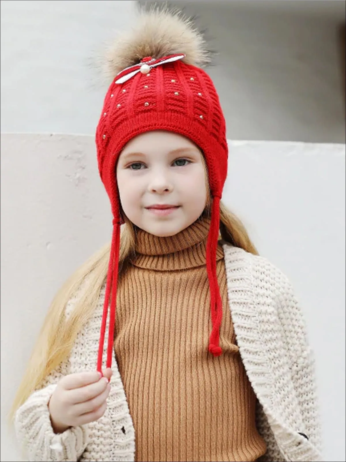 Girls Casual Fall Cable Knit Pom Pom Beanie