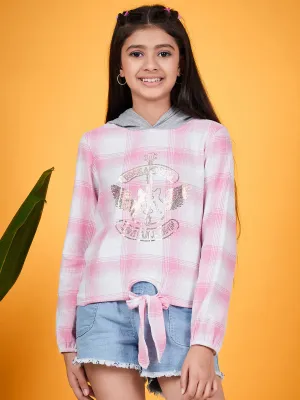 Girls Checked Hooded Long Sleeves Tie-Ups Cotton Shirt Style Top - Ps Peaches