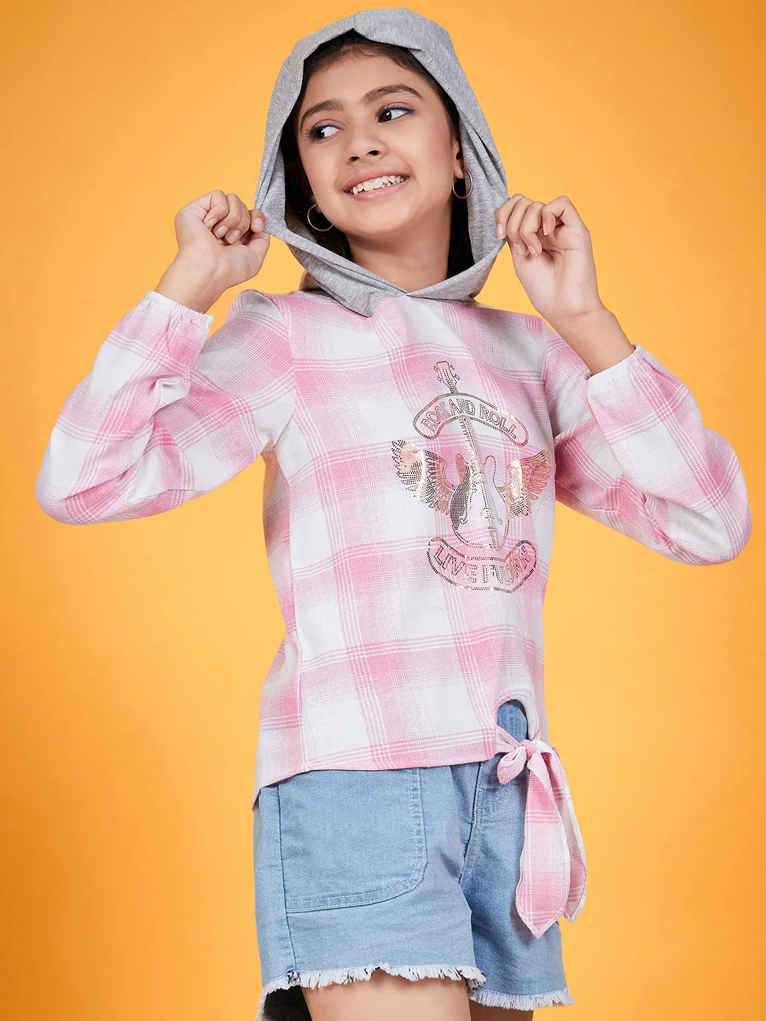 Girls Checked Hooded Long Sleeves Tie-Ups Cotton Shirt Style Top - Ps Peaches