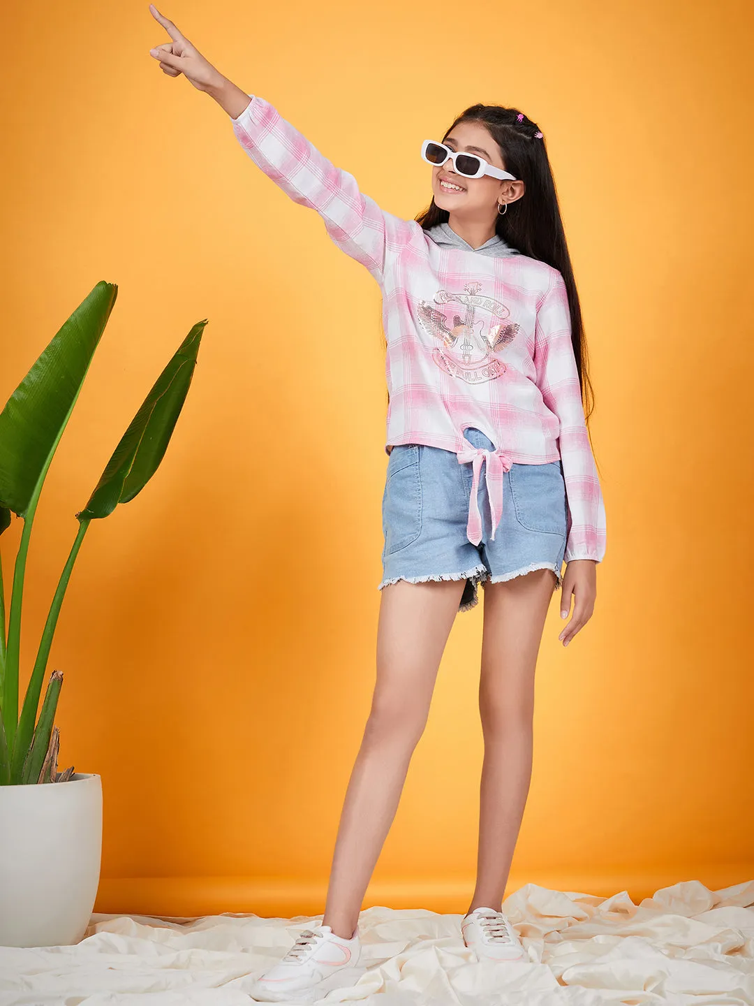 Girls Checked Hooded Long Sleeves Tie-Ups Cotton Shirt Style Top - Ps Peaches