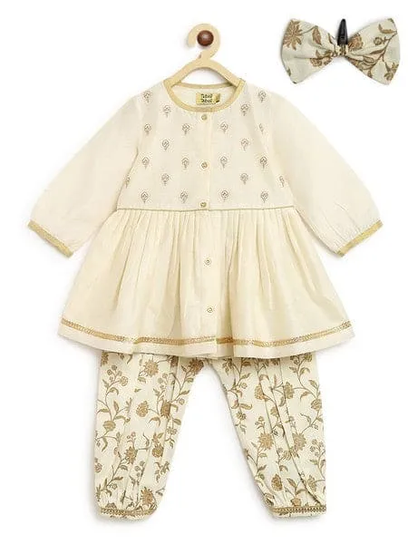 Girls Combo Angrakha Set And Bow Hairclip Gold Print- Cream