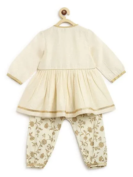 Girls Combo Angrakha Set And Bow Hairclip Gold Print- Cream