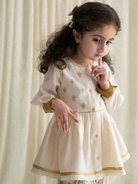 Girls Combo Angrakha Set And Bow Hairclip Gold Print- Cream