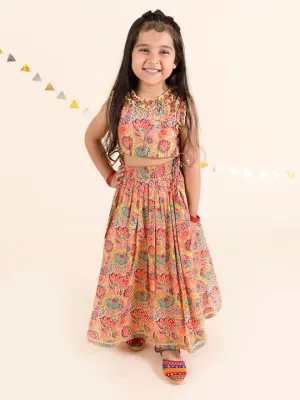 Girls Coral Blue Printed Pure Cotton Ready To Wear Lehenga Blouse - Ps Peaches