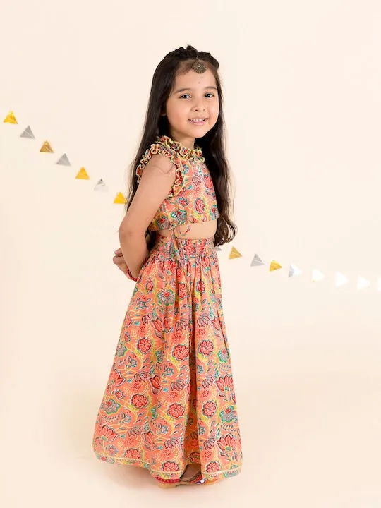 Girls Coral Blue Printed Pure Cotton Ready To Wear Lehenga Blouse - Ps Peaches