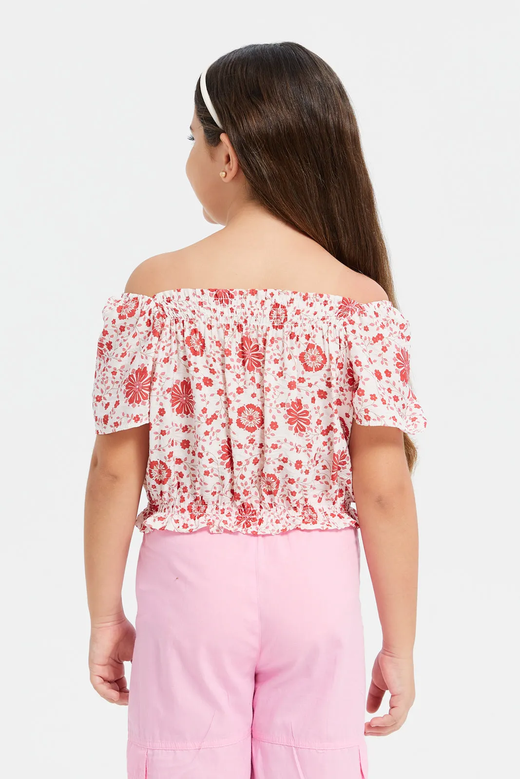 Girls Cream And Red Printed Top