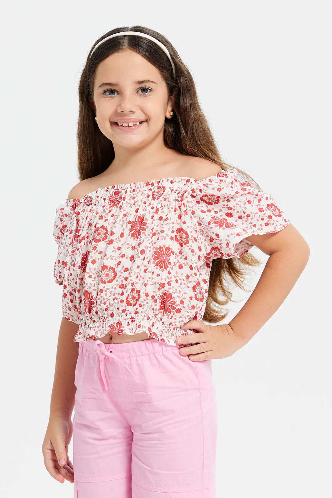 Girls Cream And Red Printed Top