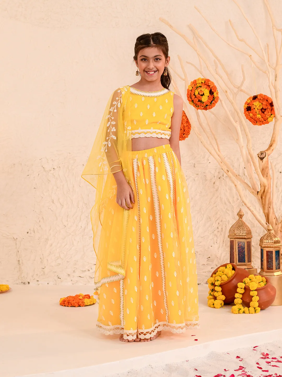 Girls Embroidered Thread Work Net Ready To Wear Lehenga Blouse With Dupatta - Ps Peaches