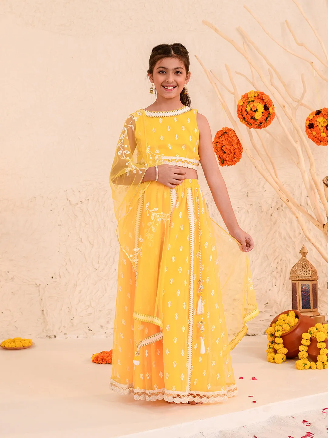 Girls Embroidered Thread Work Net Ready To Wear Lehenga Blouse With Dupatta - Ps Peaches