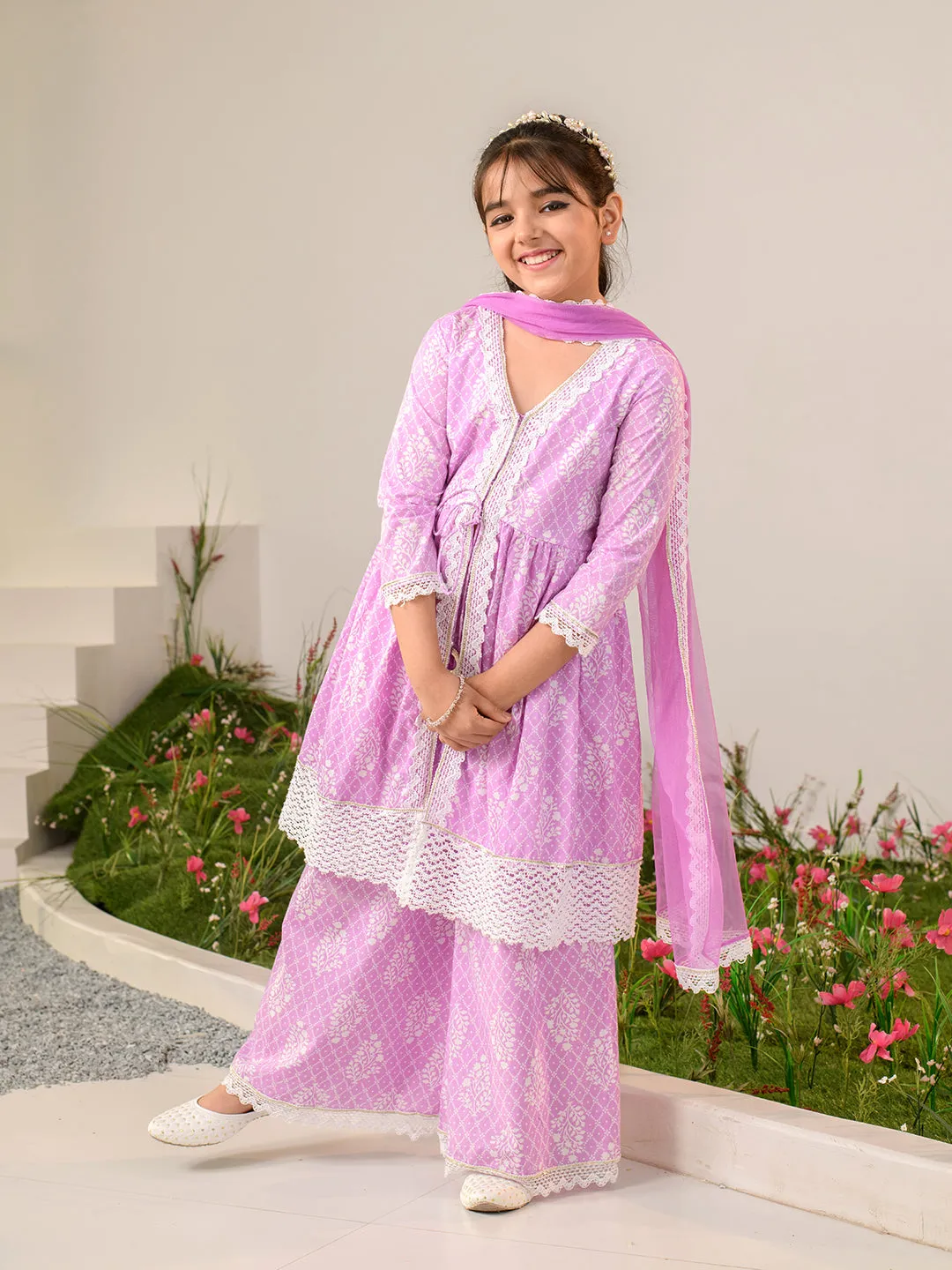 Girls Ethnic Motifs Printed Regular Pure Cotton Kurta With Palazzos Dupatta - Ps Peaches