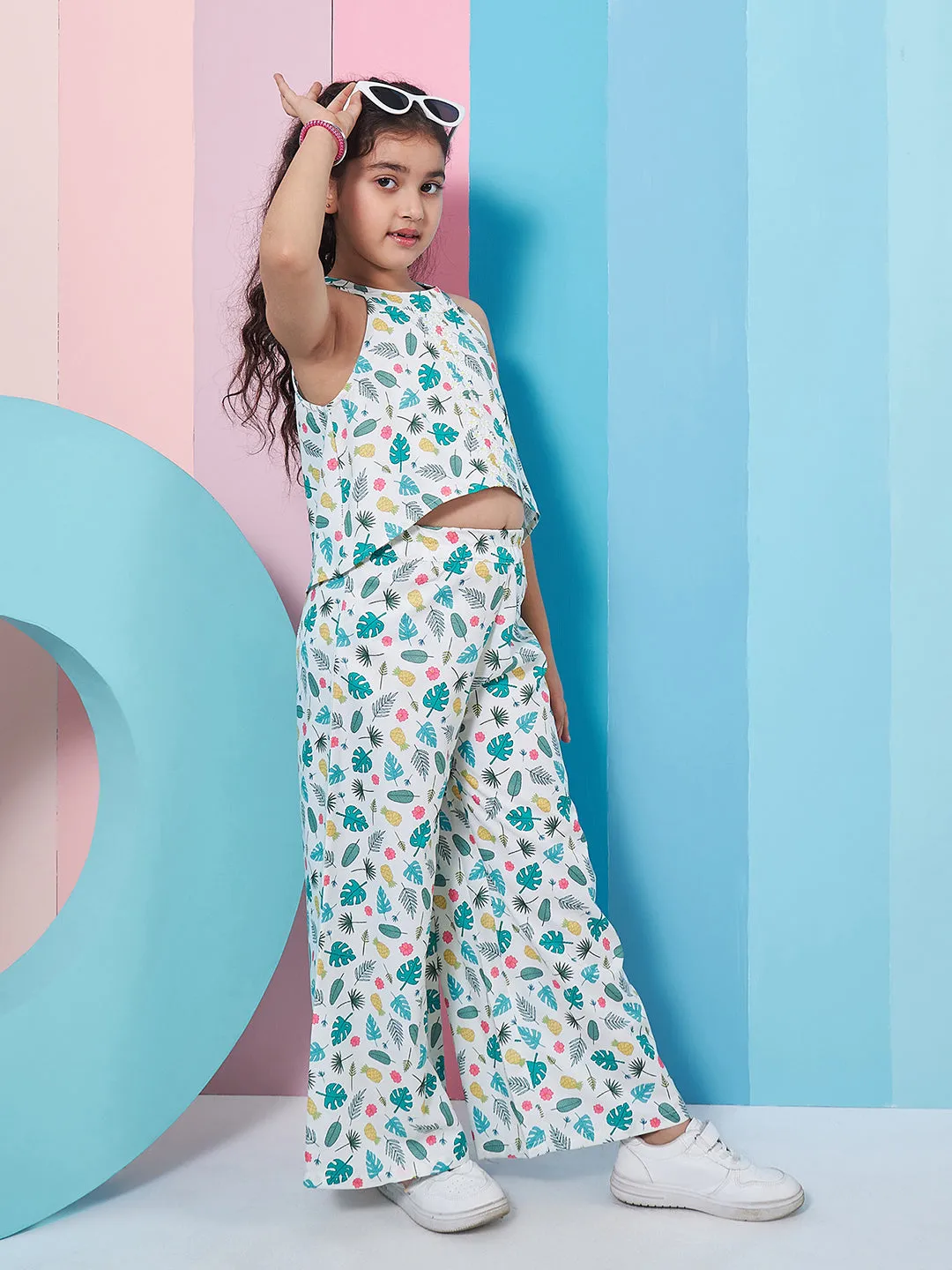 Girls Floral Printed Crop Top With Trousers - PS Peaches