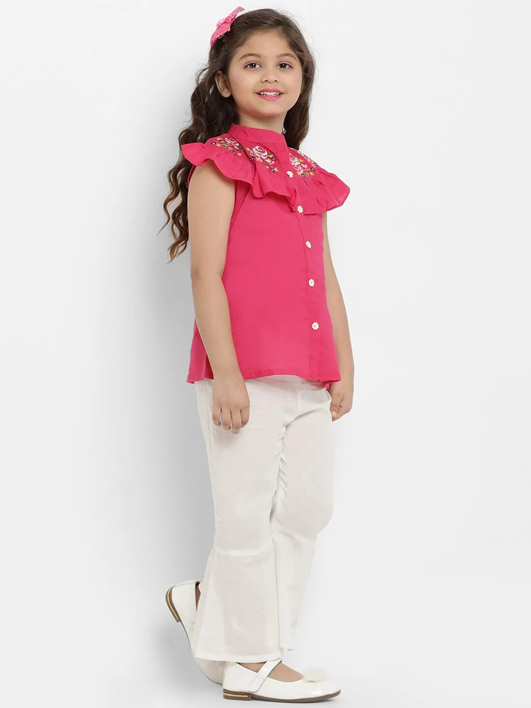 Girl's Fuchsia Pink & White Printed Top & Palazzo Set  - NOZ2TOZ KIDS