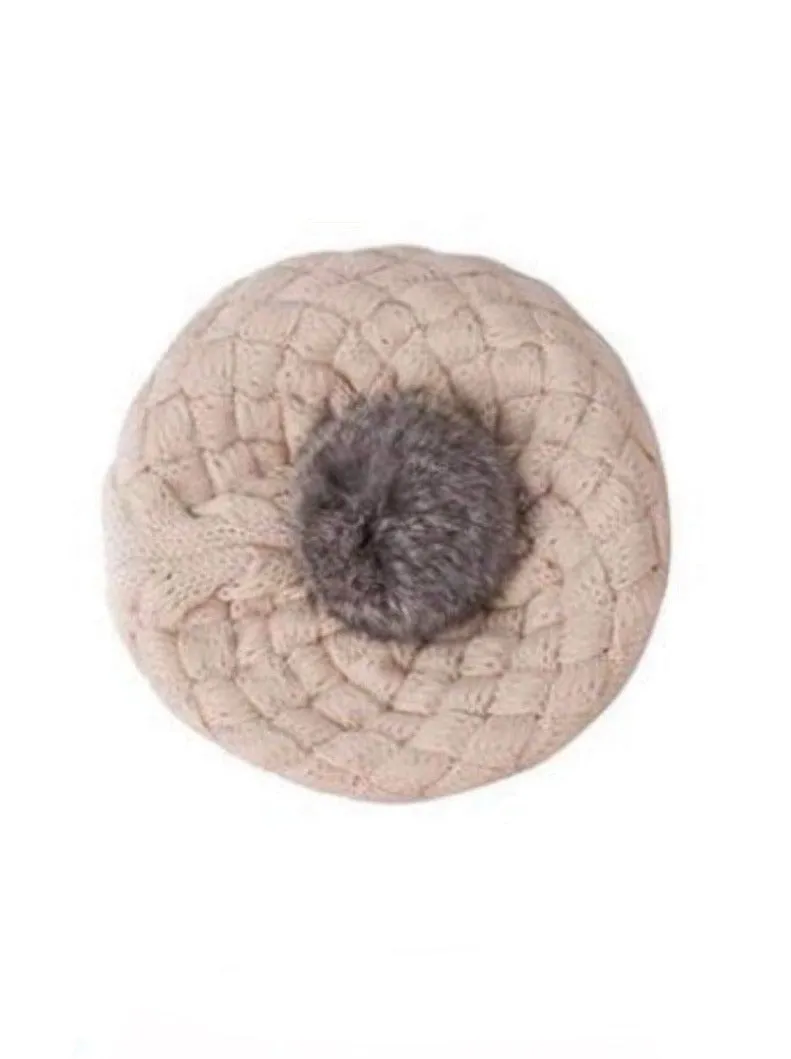 Girls Knit Beanie Beret with Faux Fur Pom Pom (4 color options)