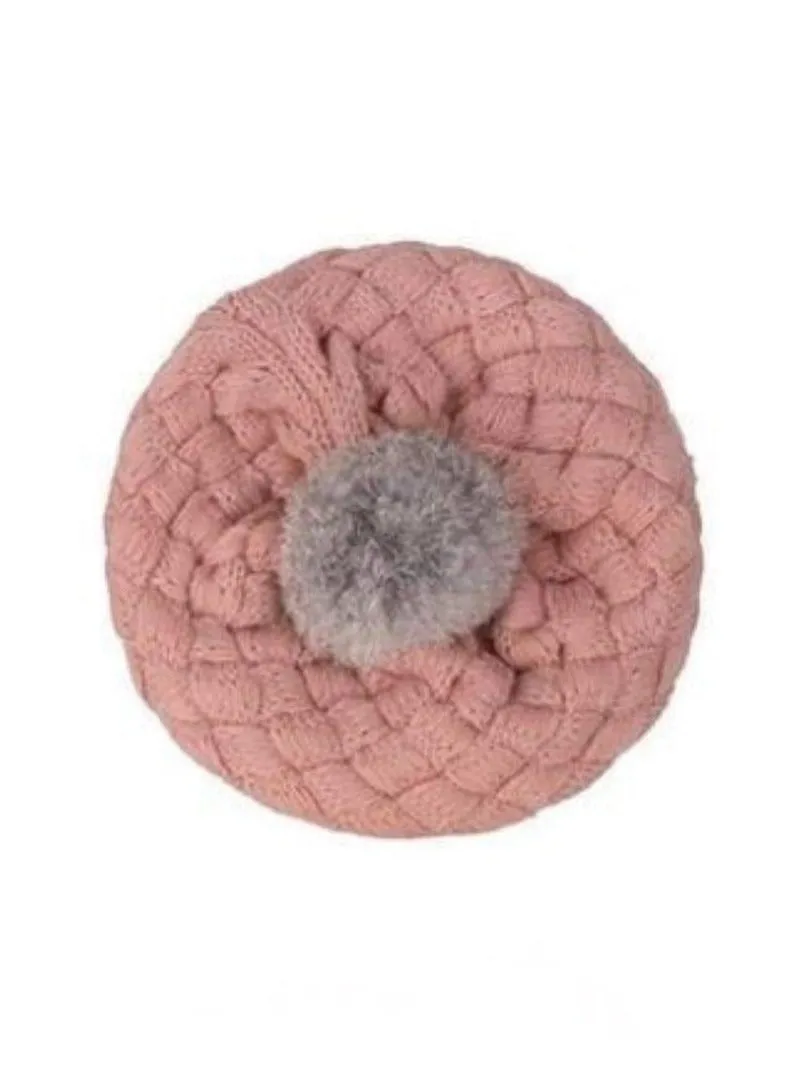 Girls Knit Beanie Beret with Faux Fur Pom Pom (4 color options)