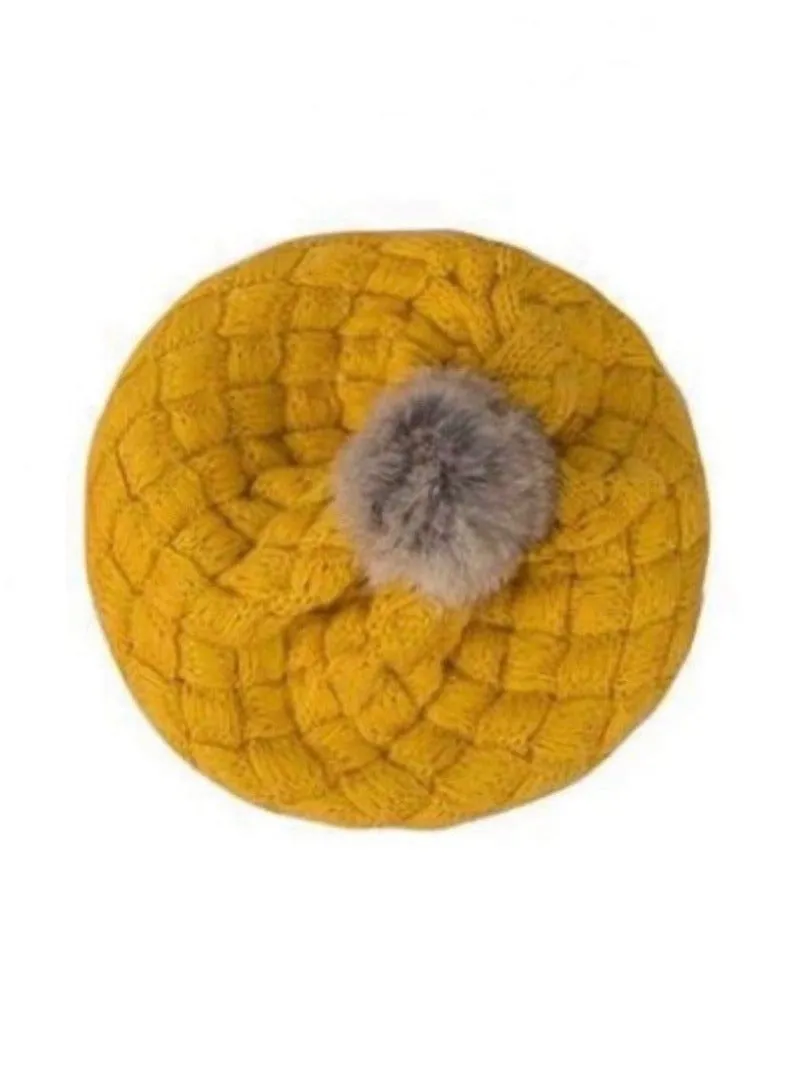 Girls Knit Beanie Beret with Faux Fur Pom Pom (4 color options)